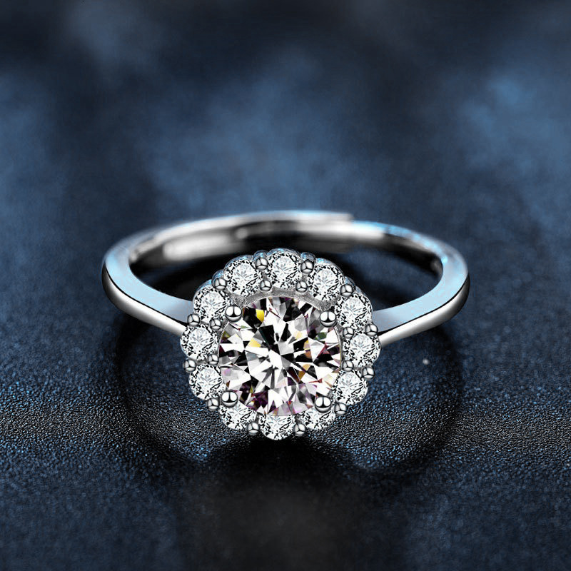 925 Sterling Silver Sunflower Ring Women's Ring European And American Fashion Four Claw Opening Moissanite Diamond Ring Imitation Diamond Ring