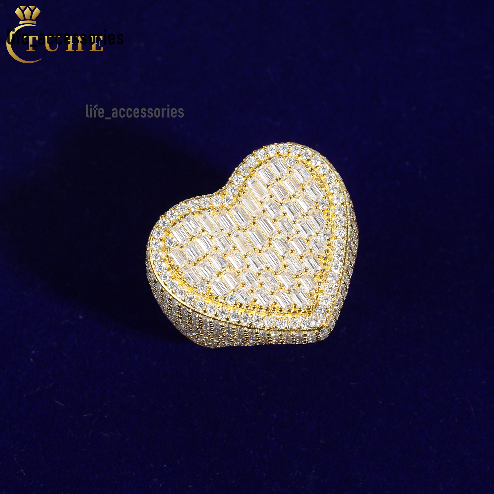 Luxury Hip Hop Jewelry 18K Gold Plated 925 Sterling Silver VVS Baguette Moissanite Diamond Iced Out Heart Ring for Men