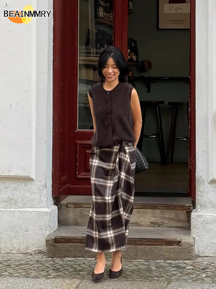 Women Checked Midi Skirt Fashion Casual Pleated Irregular High Waist Slim Mid-length Bottom Lady Daily Commute Street Skirts 251105