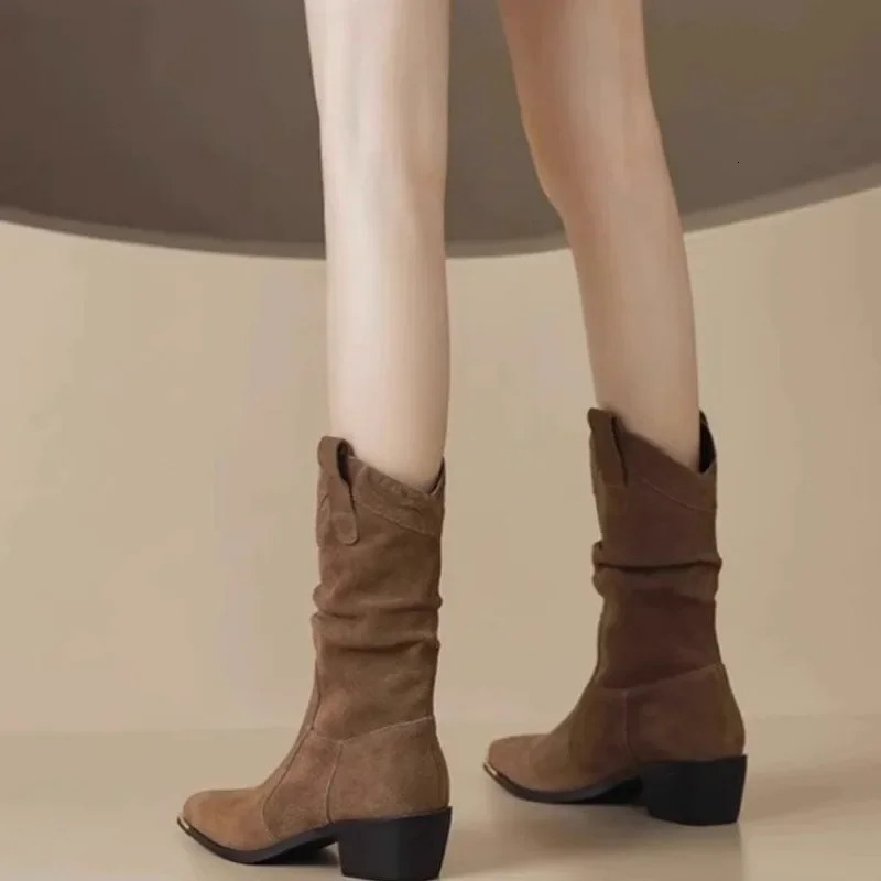 Autumn Winter Classic Chelsea Boots for Woman Suede Pointy Toe Wedge Heel Ankle Boots Simple Comfortable Cowboy Botas Female 251110