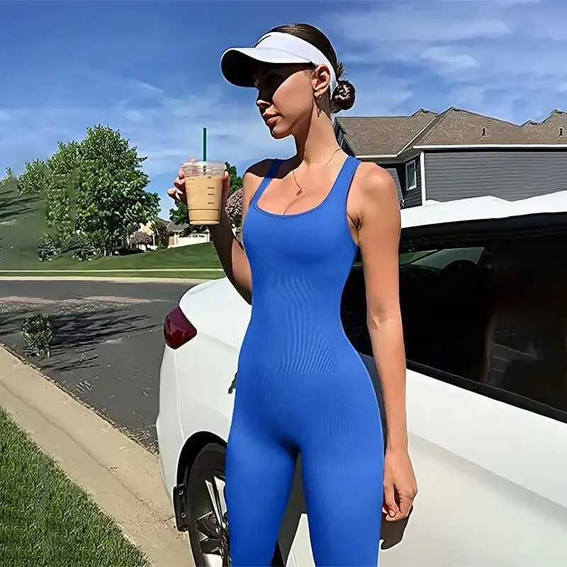 Womens yoga jumpsuit exercise rib square neck sleeveless vest sports jumpsuitW250411