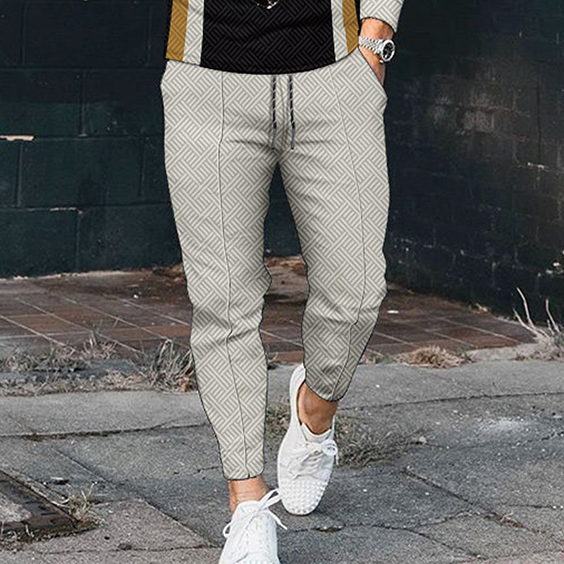 Mens 2025 New Mens Casual Print Polo Two Long Sleeve Pants