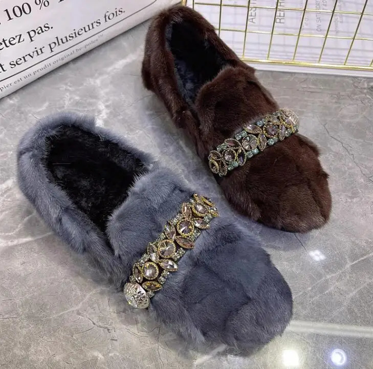 Winter Mink Fur Rhinestone Crystal Belt Flats Fur Shoes Slip On Full Fur Leisure Loafers Woman Warm Fur Shoes 251110