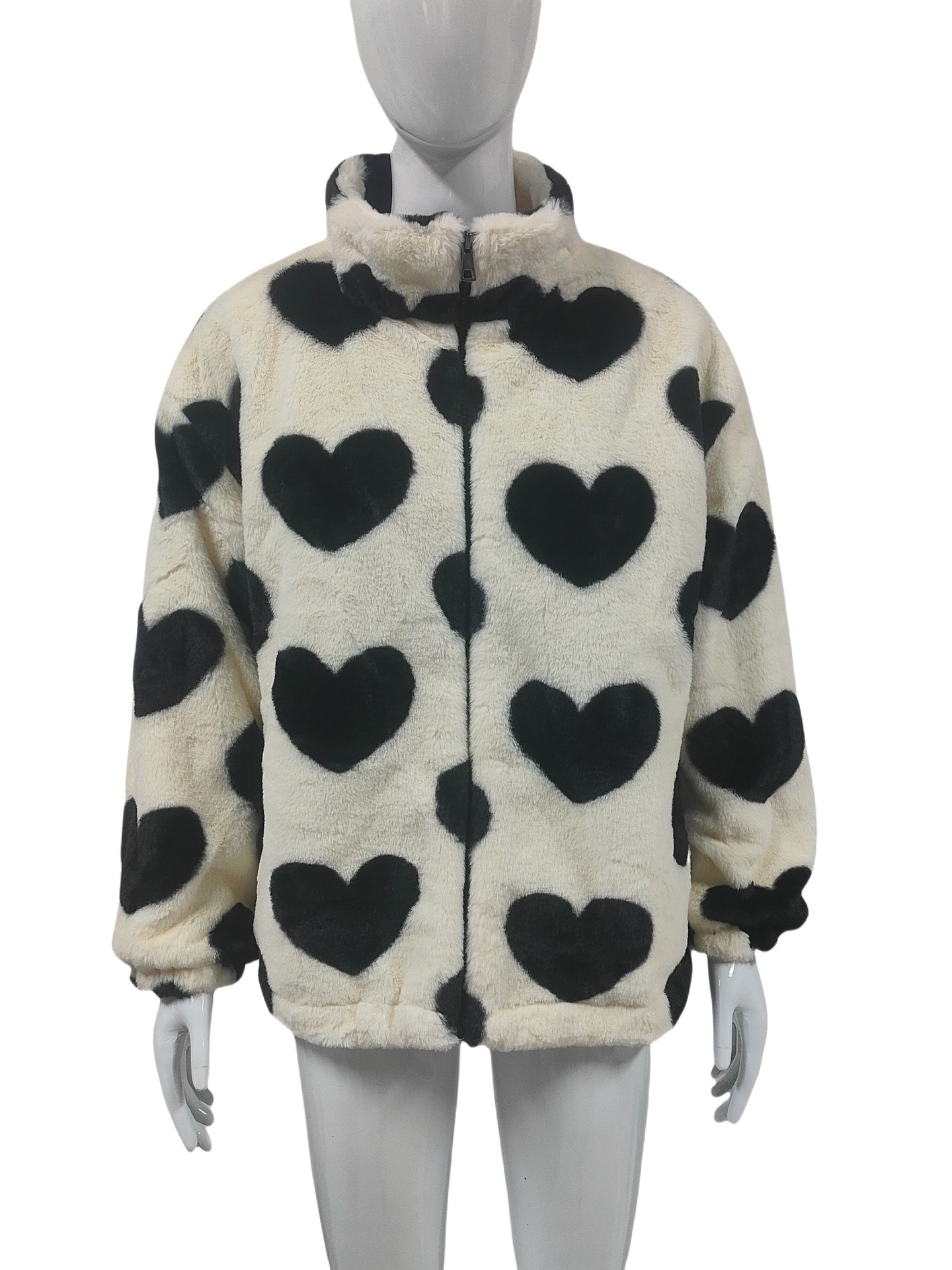 Women's winter faux coat, imitation fur heart-shaped zipper warm loose jacket for women