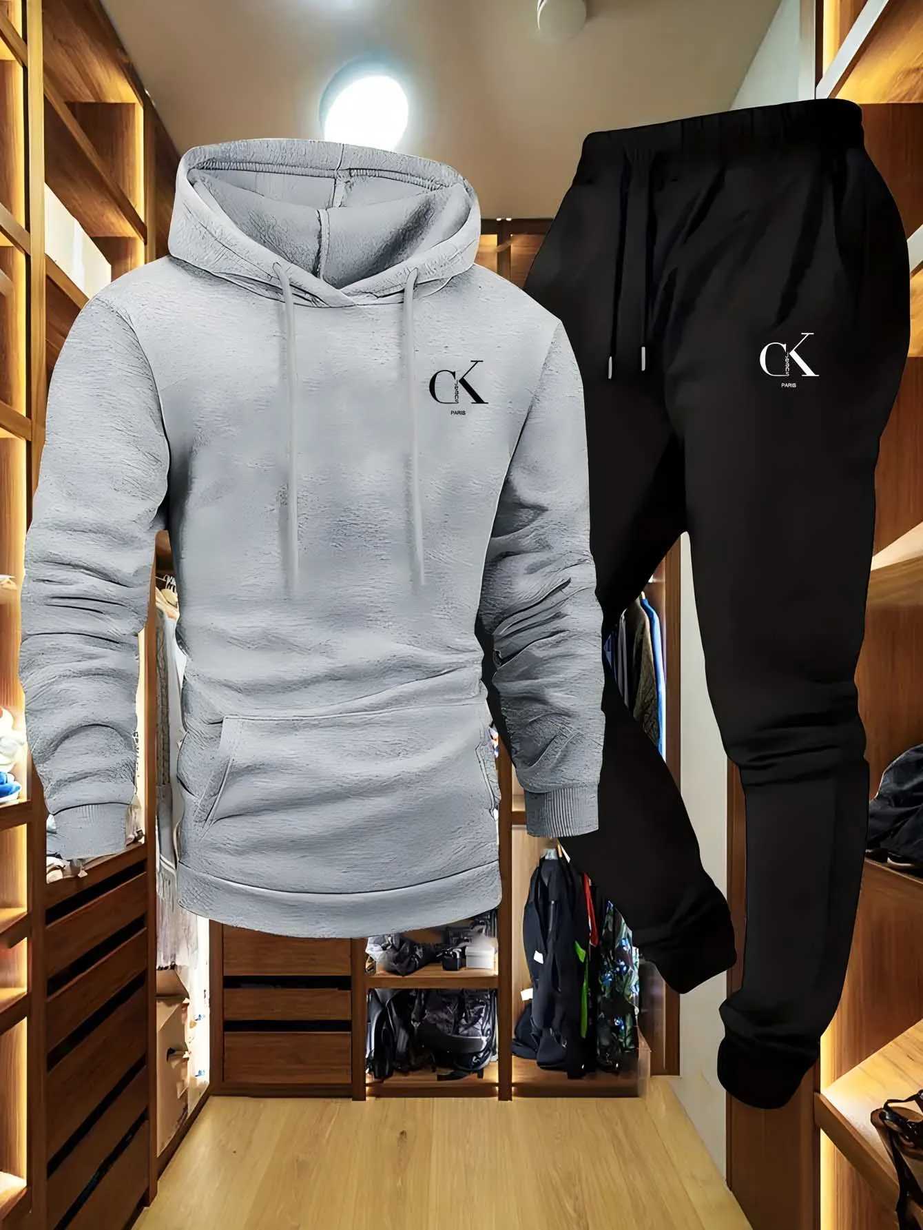 Paris MenS Hoodie Sweatpants Set - Casual Gray Loungewear with Pockets Drawstring Hood and Ribbed Waistband -Season ComfortT251111