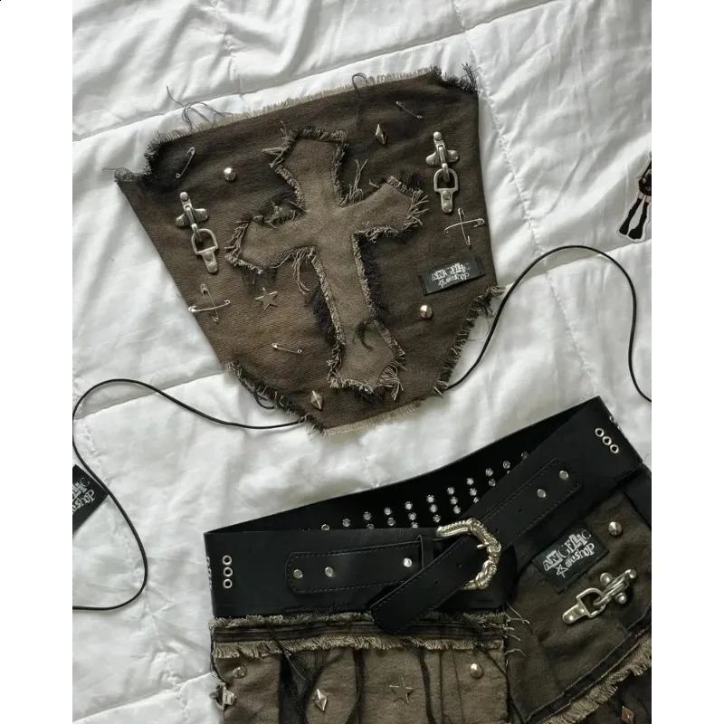 Harajuku sexy girl ceiling mini denim skirt for women high quality embroidery American vintage Y2K two-piece set 250411