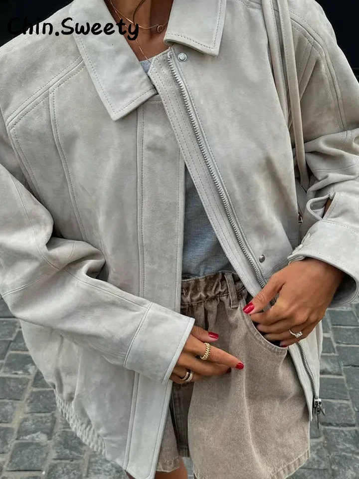 Casual Suede Ruched Jackets Women Solid Loose Lapel Full Sleeve Zipper Jacket Female Autumn Lady High Street Coats 251106