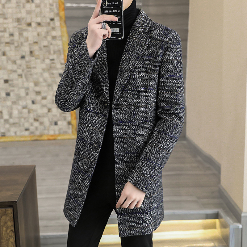 Winter Slim Fit Fashion Plaid Woolen Trench Coat New Men's Single-Breasted Suit Collar Overcoat Long Warm Cotton Coat