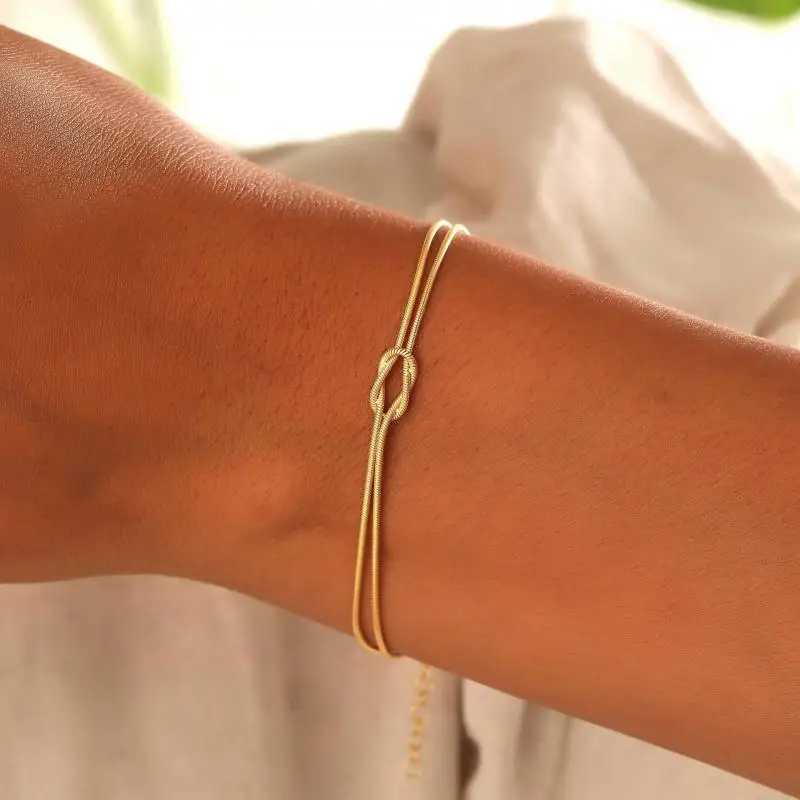 Stainless Steel Couple Bracelets Vintage Double Layered Gold Color Knot Snake Chain Bracelet for Women Waterproof Jewelry GiftC250410