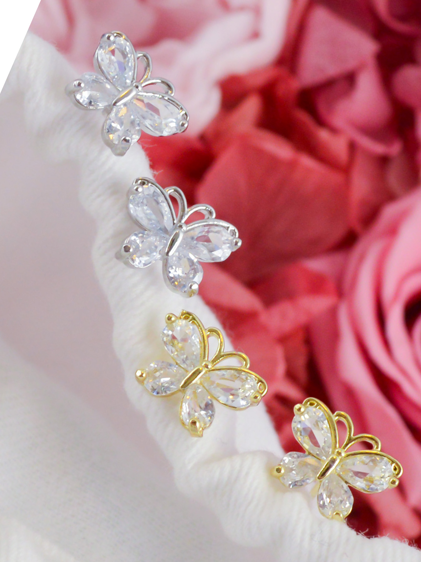 Chic Ladies' Silver & Gold Plated Butterfly Earrings Featuring Sparkling Zircons