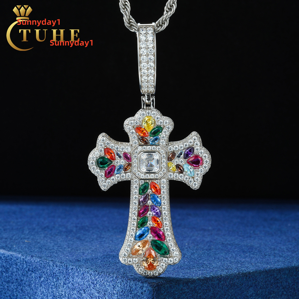 Personalize Design Hip Hop Jewelry 925 Silver VVS Moissanite Colored Moissanite Assorted Candy Iris Cross Pendant for Men