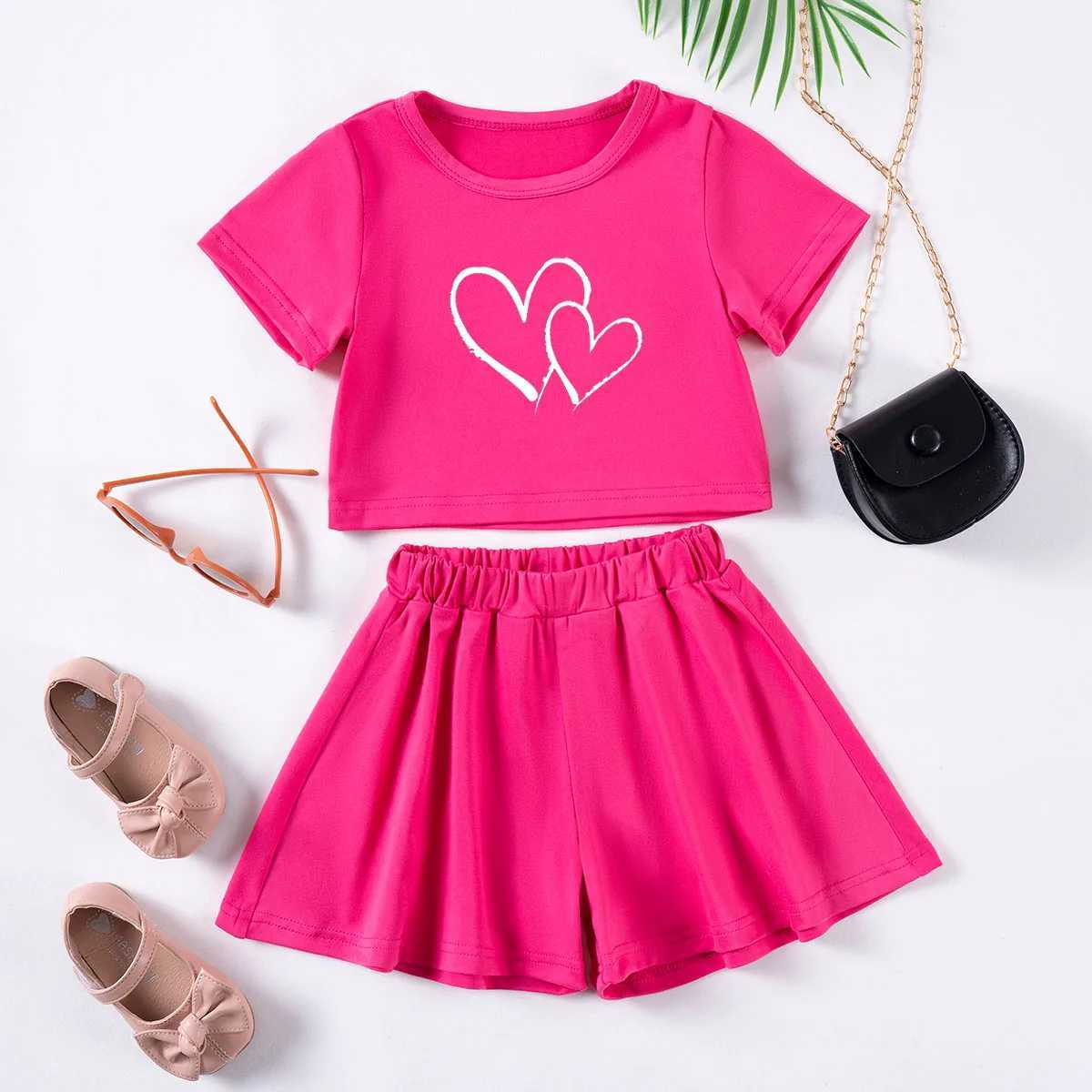 Young Girls Summer New Double Heart Printed Solid Color Set Short Sleeve Casual 2-piece Childrens Fashion Clothing Sweet and CuteXJ250410