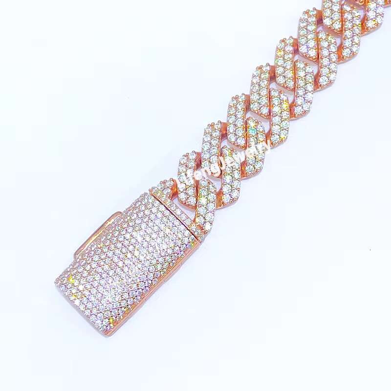 Lifeng Jewelry Ice 14mm 2 Rows VVS Moissanite Cuban Link Chain Rose Gold HipHop 925 Sterling Silver Diamond Moissanite Bracelet
