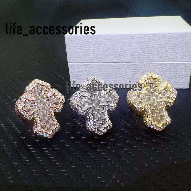 Fully Iced Out Jewelry Hip Hop Ring Gold Plated 925 Sterling Silver Vvs Baguette Moissanite Diamond Cross Ring