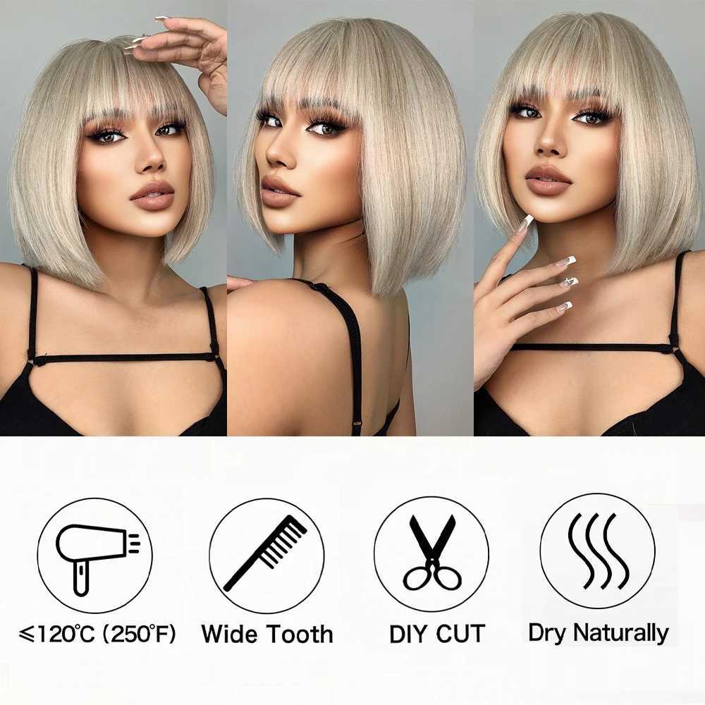 EASIHAIR Synthetic Bob Wigs with Bang Short Straight Light Blonde Beige Natural Hair Wigs for Women Daily Cosplay Heat ResistantT251111