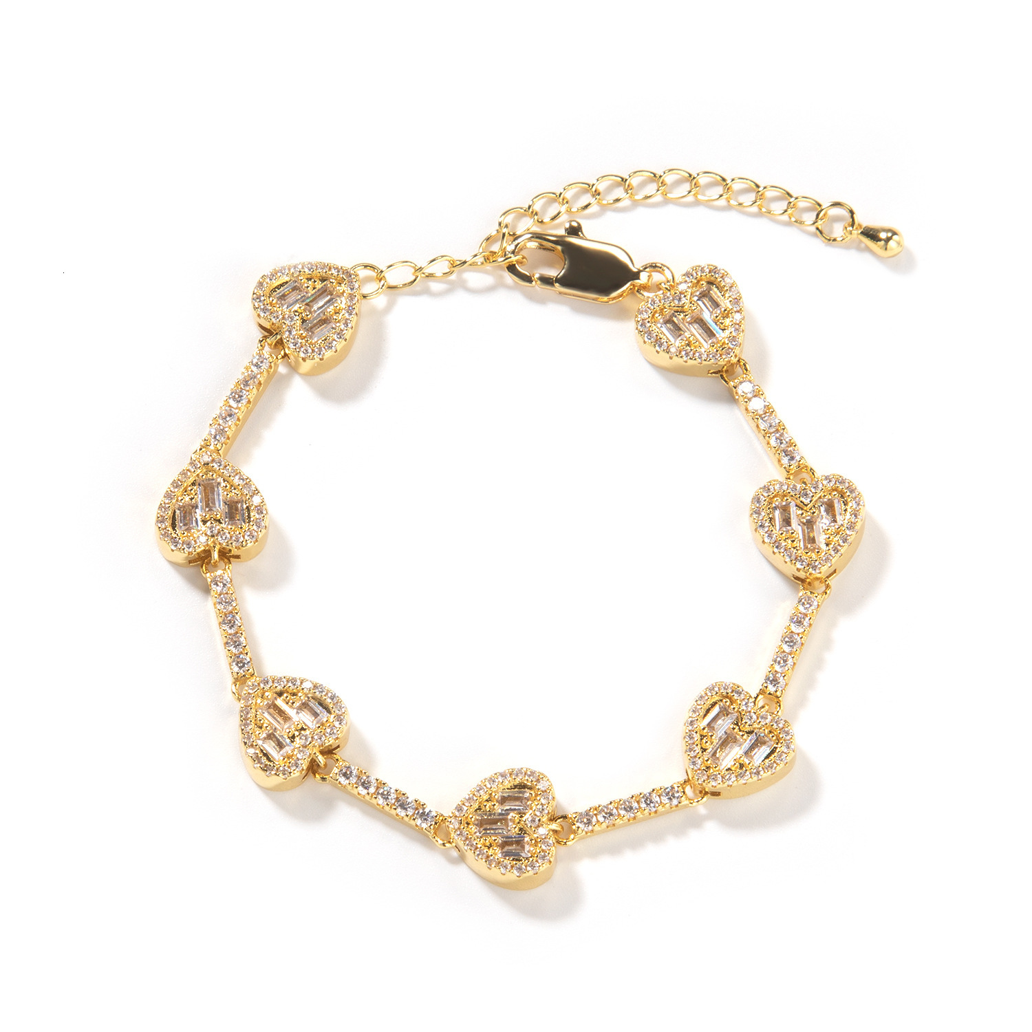 Hip Hop Love Heart Shaped Charms Tennis Chain Necklace Bracelet 14k Gold Plated Copper Prong Bling Baguette Cubic Zircon Luxury Fine Quality Party Rap