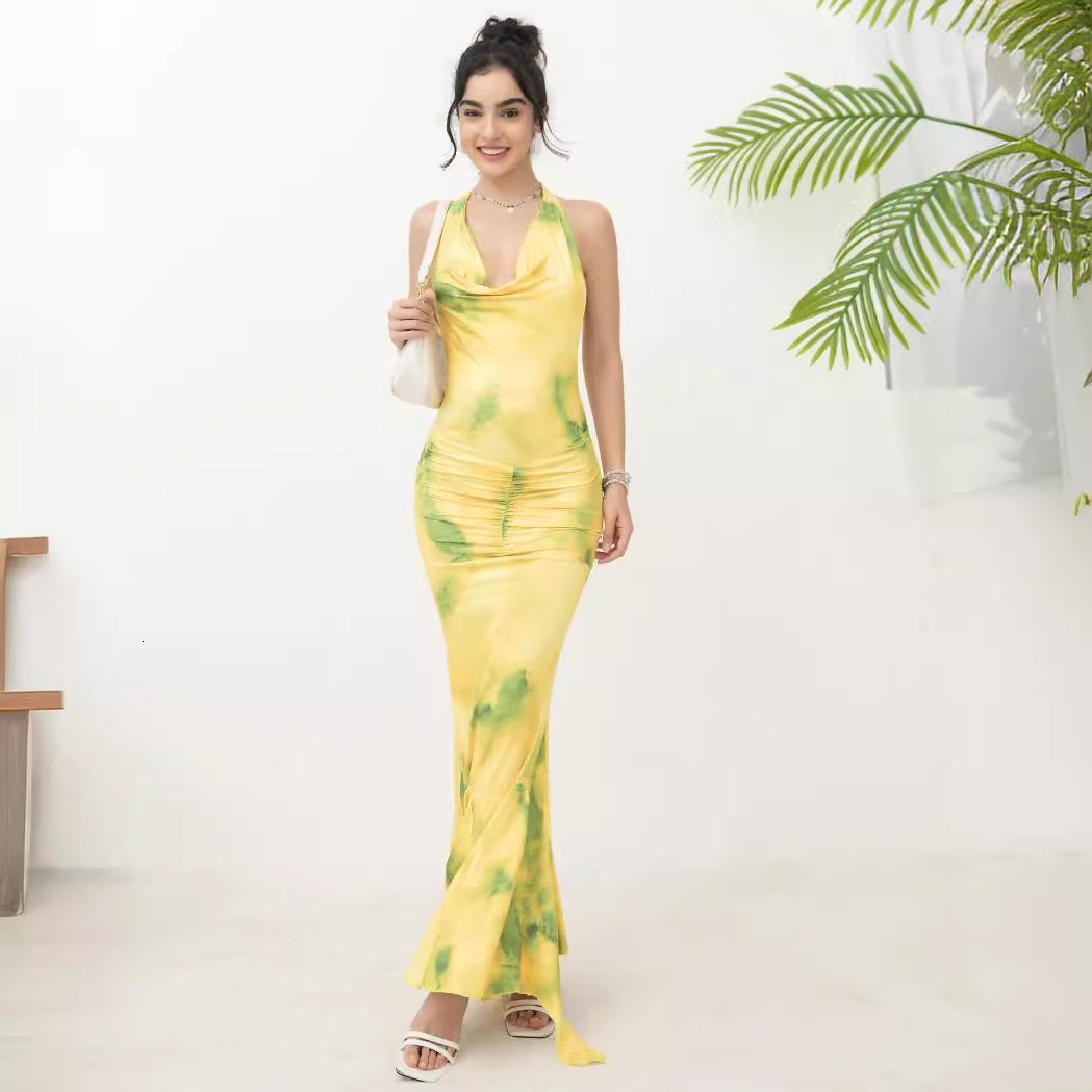 Women's new suspender French light mature style hanging neck deep V-print long dress