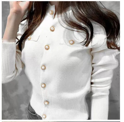 Knitted Sweater Women Cardigans Long Sleeve Stand Collar White Knit Cardigan Tops Sweaters Sueters De Mujer Q719 251107