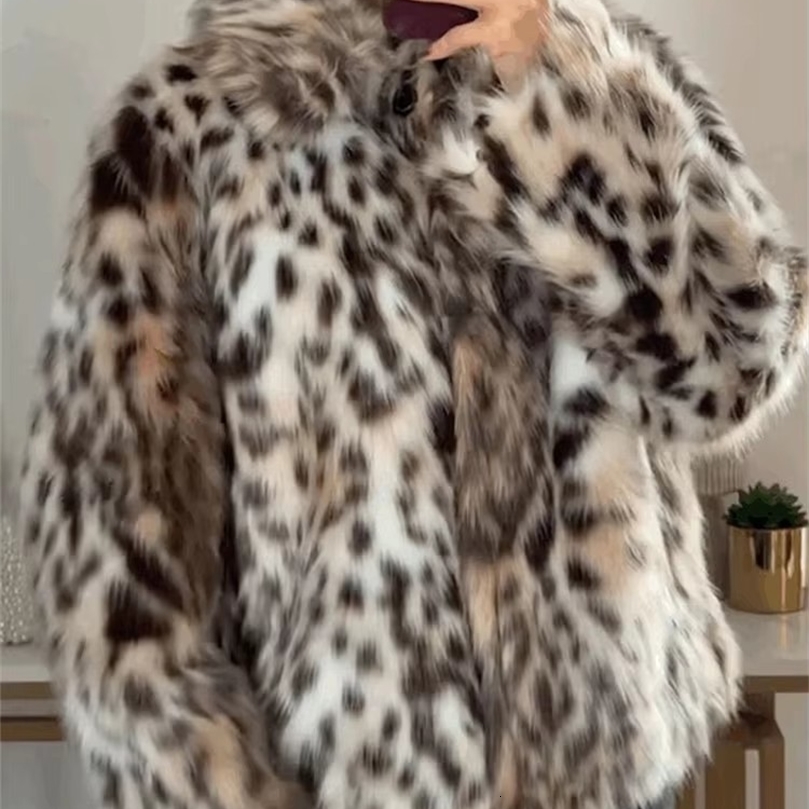 HH Woman Lapel Long Sleeves Side Pockets Casual Coat Women Winter Leopard Print Faux Fur Loose Slim Warm Mujer 251106