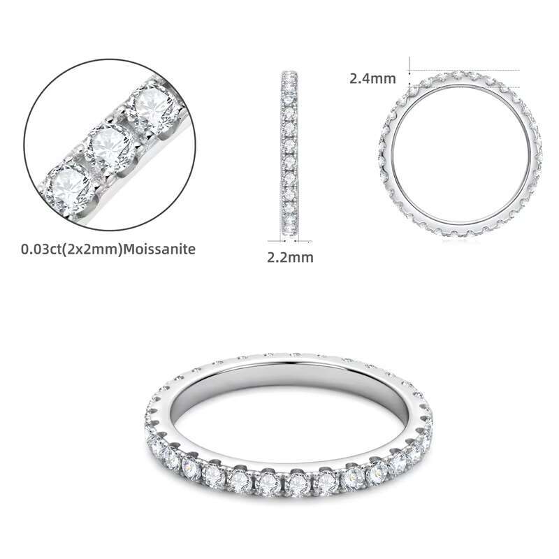 Chasau Romantic Wedding Engagement Custom Jewelry Womens Full Eternity 925 Sterling Silver Round Cut 2mm 0.03ct Moissanite Ring