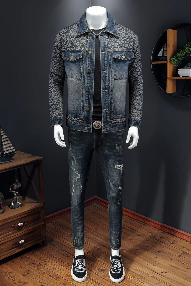 High quality jacquard spliced denim jacket for mens casual business social street clothing 250411