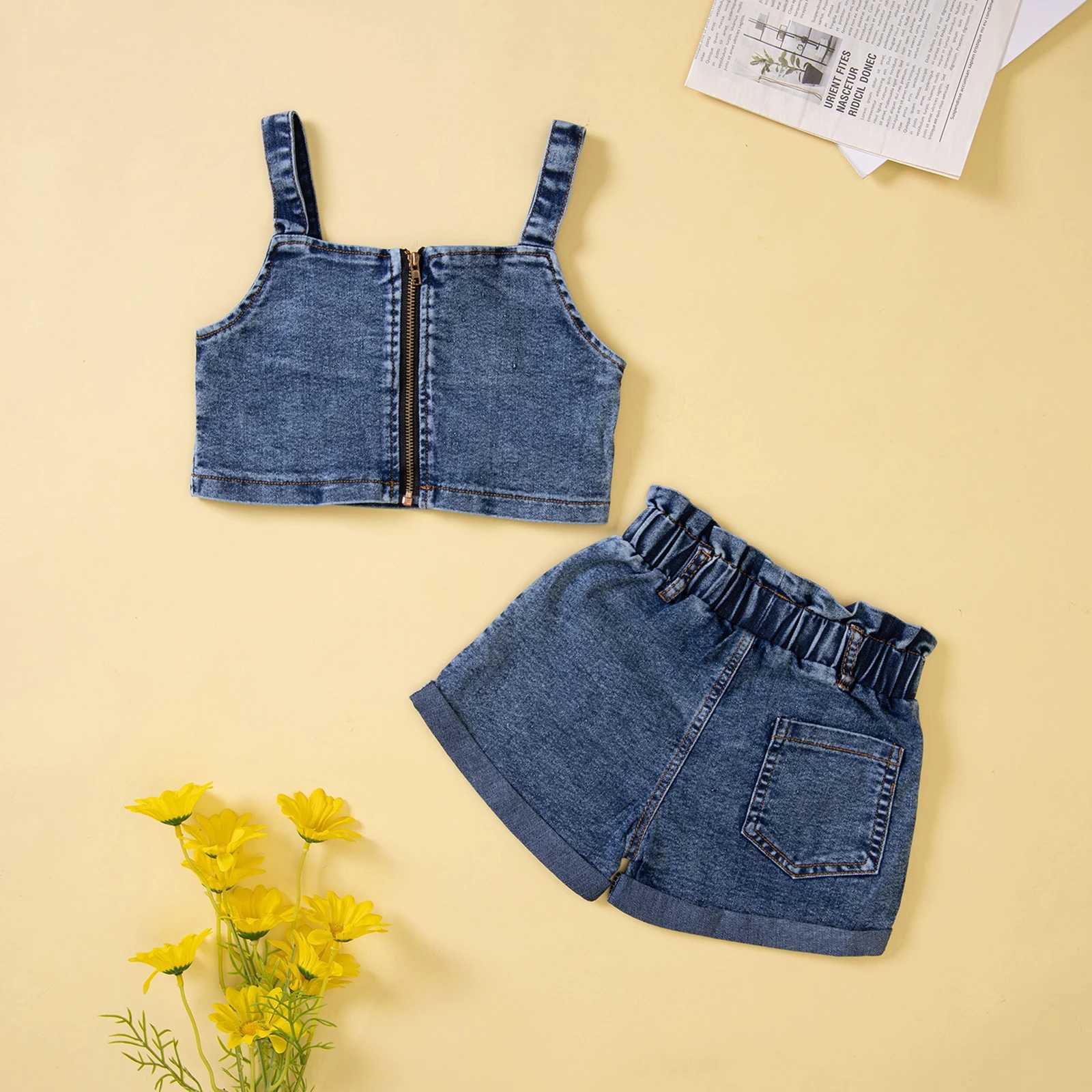 Little Girl 2PCS Pants Set Sling Flat Tie Zipper Crop Camisol Ruffle Short Cowboy Pants Girls Summer Comfort Set 1-6TXJ250410