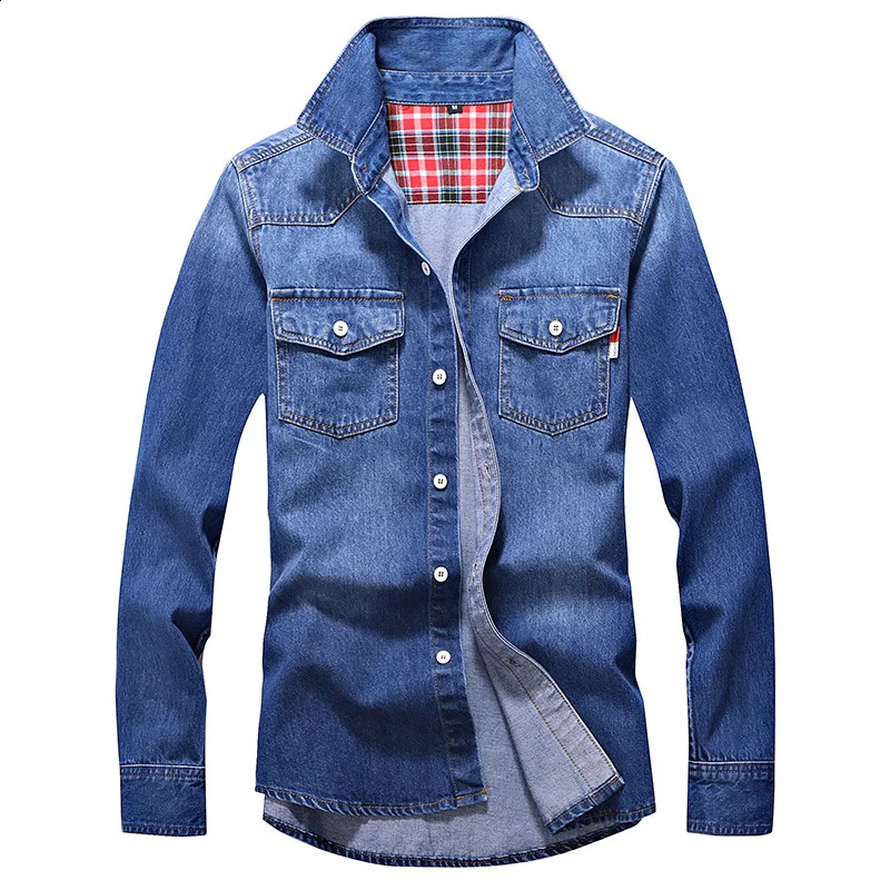 Denim shirt mens cotton denim fashionable autumn slim fit long sleeved washing top Asian size 3XL 250411e