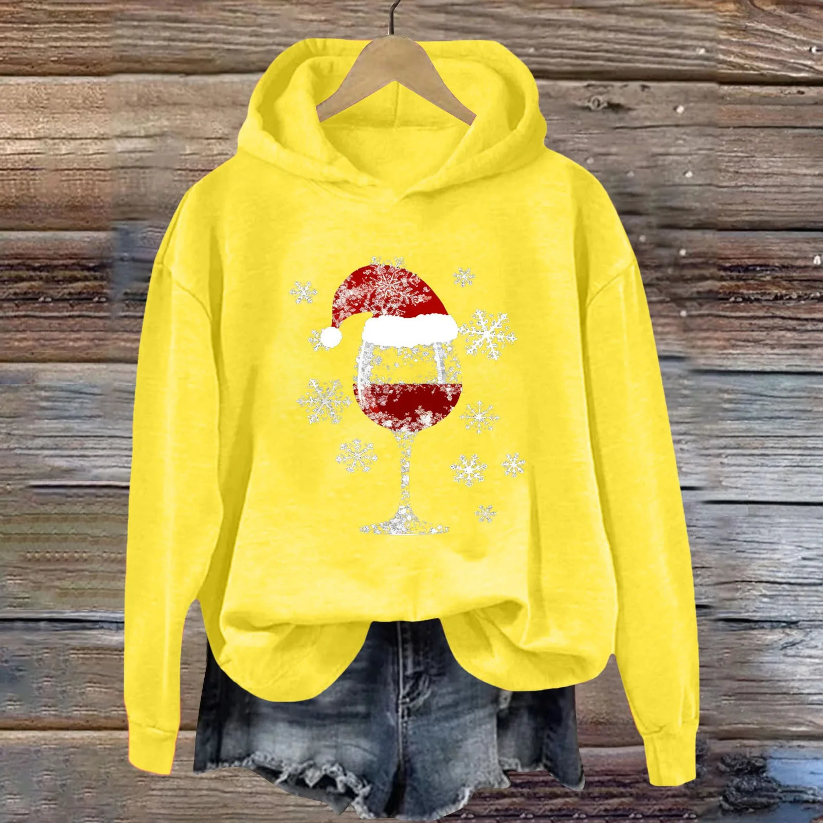 Womens Christmas Hoodie Sweatshirt Casual Fashion Red Wine Glass Printed Long Sleeve Hooded Sweatshirts Xmas Look Year Gifts 251105