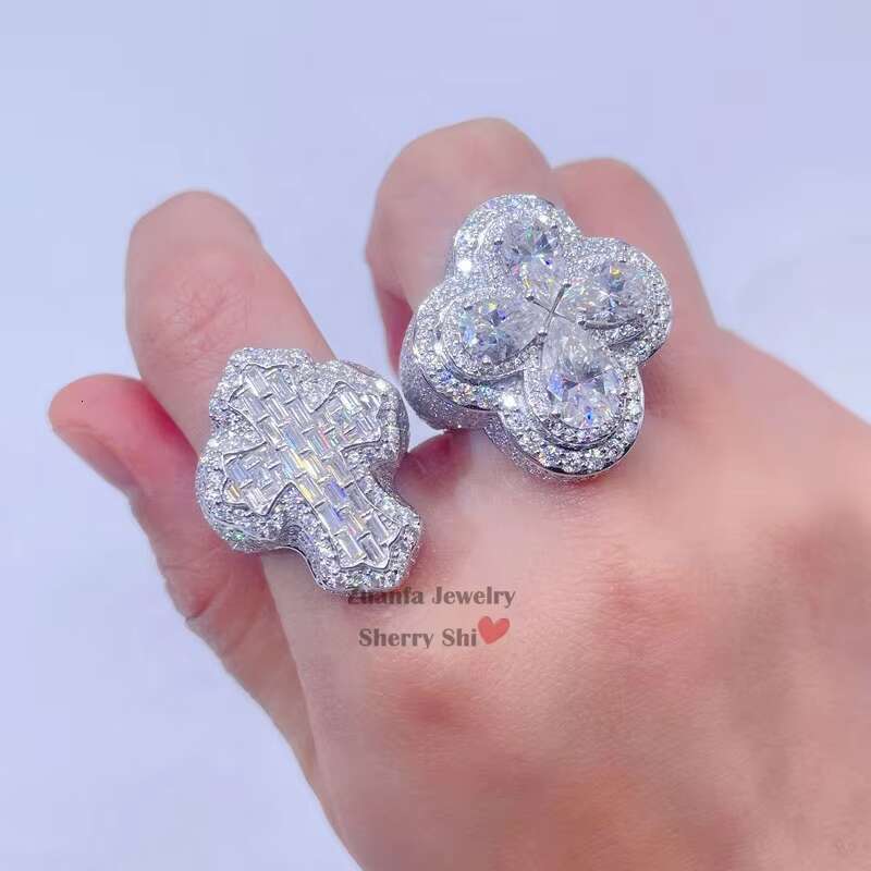 Solid Silver Christian Religious Men Hip Hop Iced Out Moissanite Diamond Cross Finger Ring