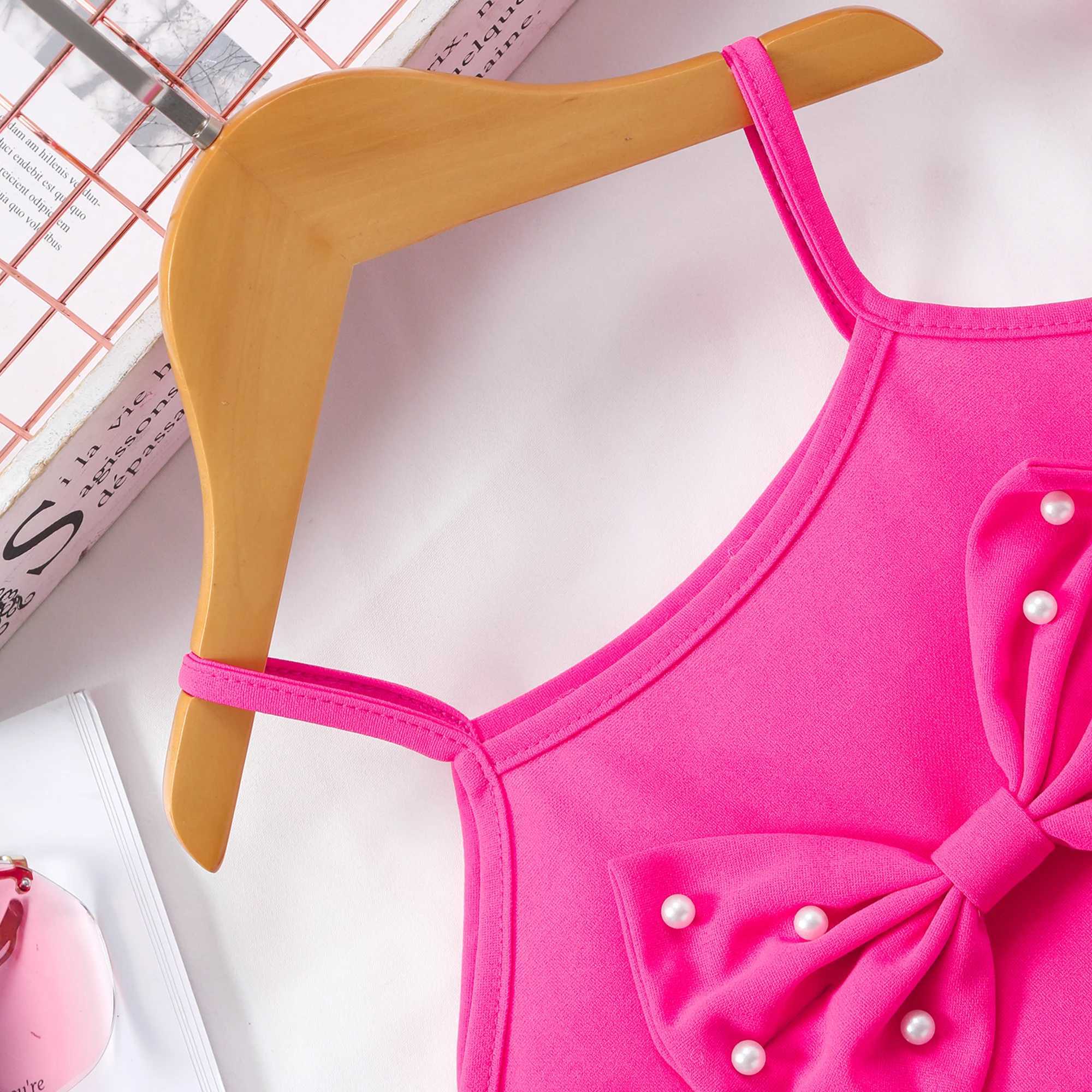 Summer Childrens and Girls Clothing Set Rose Red with Tank Top and Shorts 2-piece Vacation Fashion Preschool Clothing Casual Girls Set 3 4 5 6 7 Years