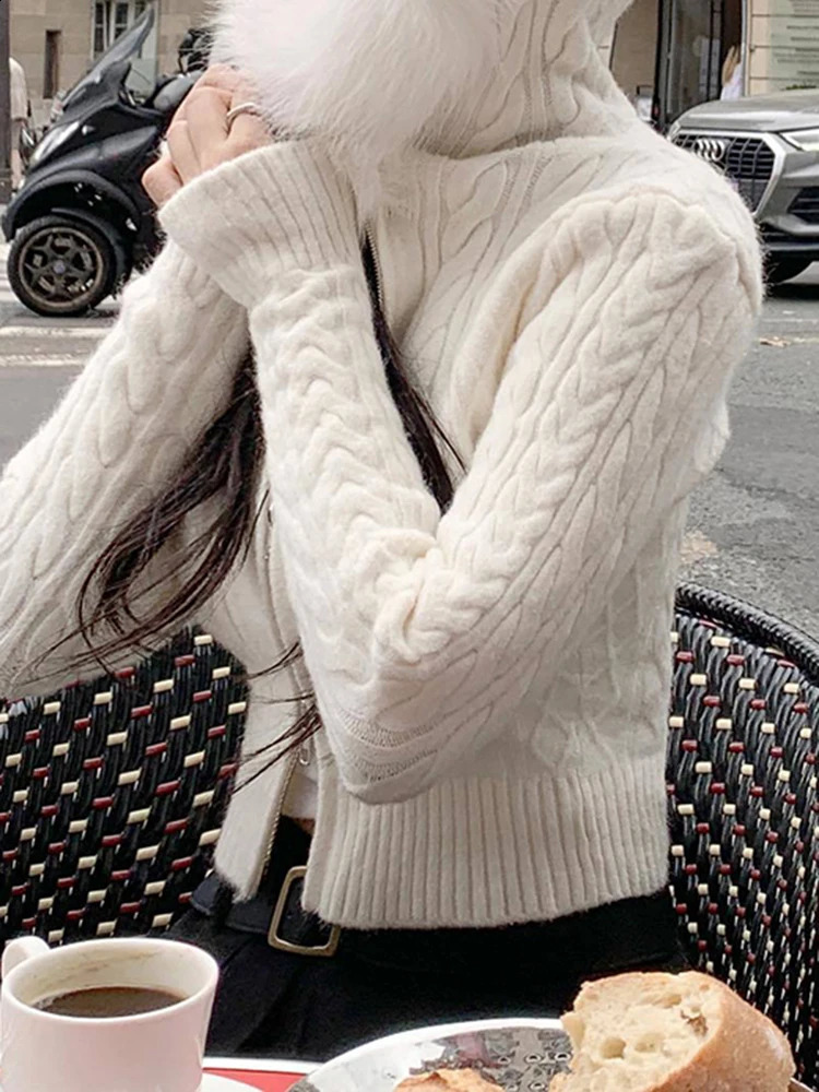 IAMSURE Sweet Fur Decorative Hooded Knitted Open Woolen Sweater Ultra Thin Zipper Long Sleeve for Women 2023 AutumnWinter Fashion 250407