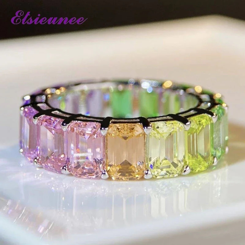 ELSIEUNEE 100% 925 Pure Silver Jade Cutting Colored Sapphire Gemstone Engagement Ring Womens Wedding Ring 250407