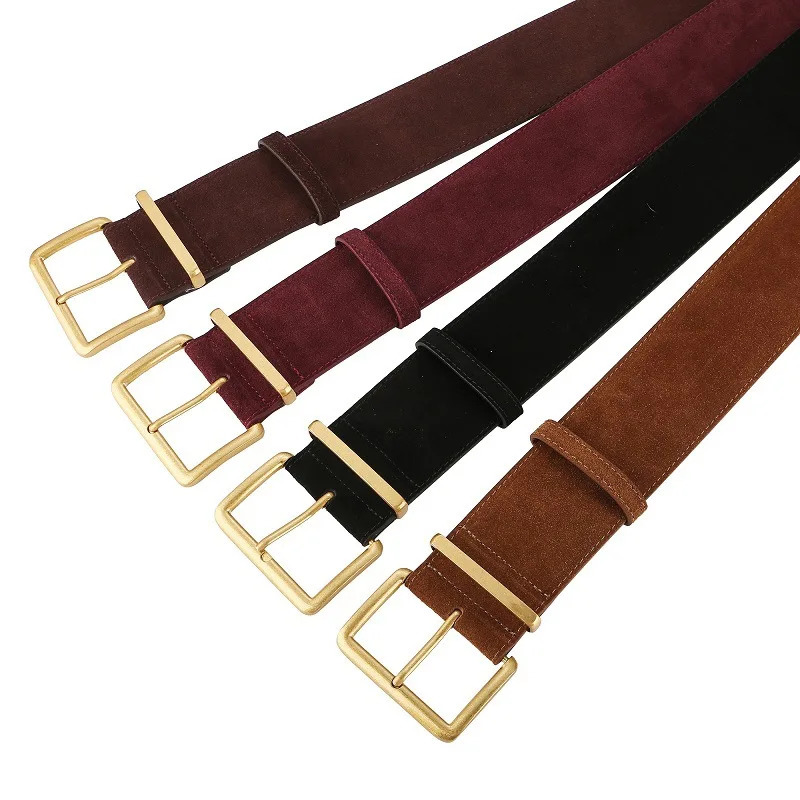Ladies elegant suede cowhide belts retro style with gold buckle 43cm wide belts suitable for matching dresses and jeans 251110