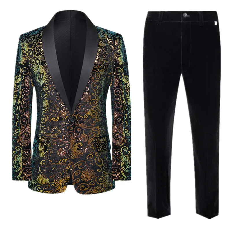 Men High Quality Wedding Banquet Sequin Suit 2 Piece Set Black Blue Fashion Men Gold Velvet Blazer and Trouser 251107