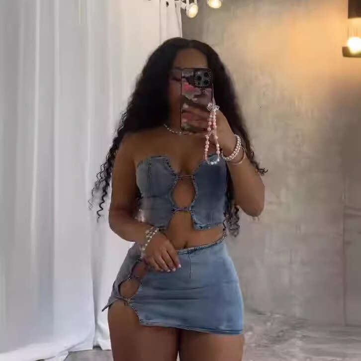 Women's Wear Women's Wear Women's Summer New Fashionable Sexy Drawstring Wrapped Chest Top With Slit And Hip Hugging Short Skirt