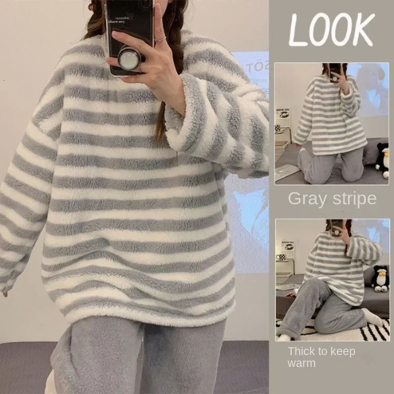 Warm Sleepwear for Winter Thickened Flannel Women Pajamas Homewear Striped Top and Pants Plus Size Cute Two-Piece Sleepwear Set 251106