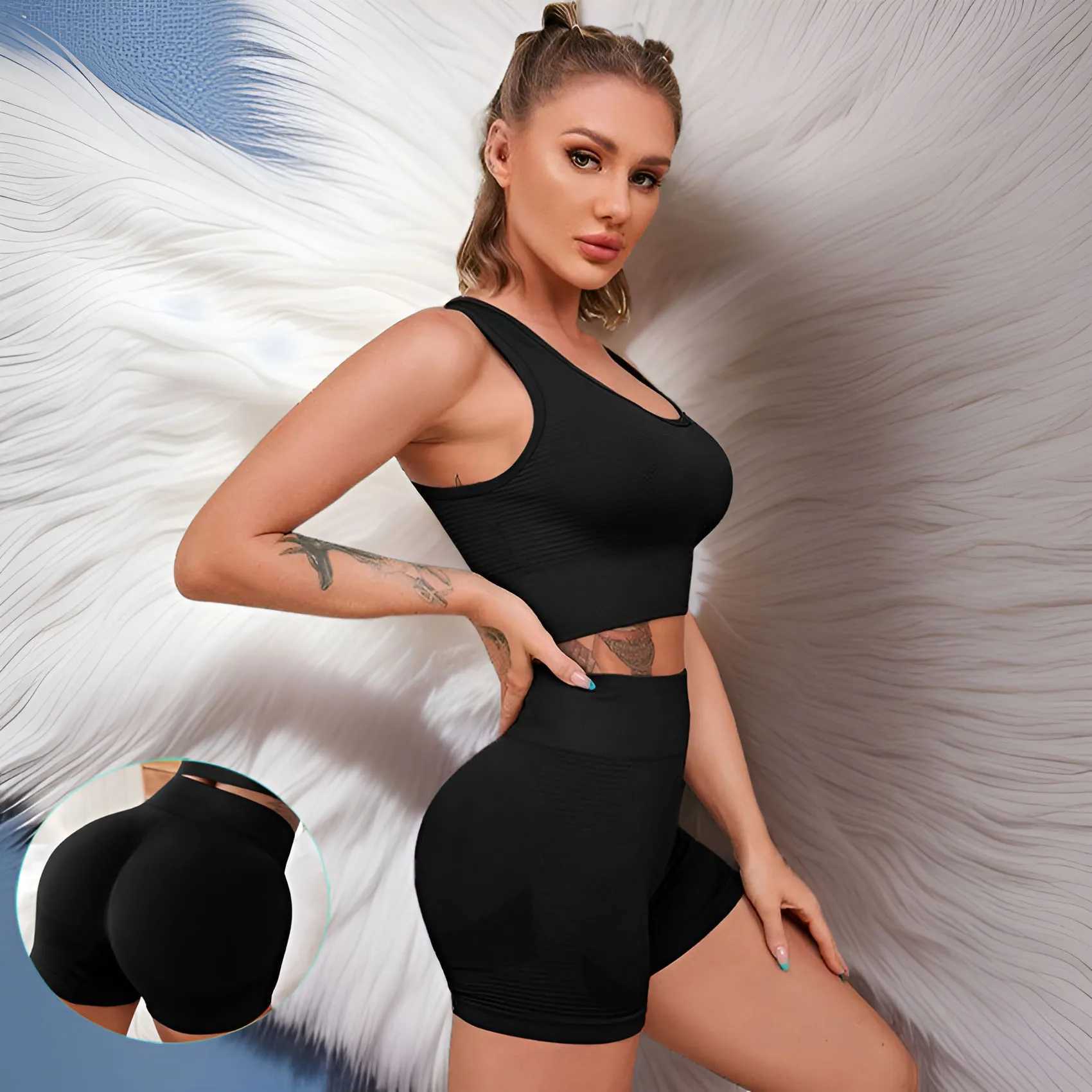 Two seamless ribbed high waisted womens sportswear with sports bra workout setW250411