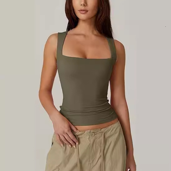 2025 Designer Tight T-shirt Women's Summer New Style Square Neck Sexy Sleeveless Double Layer Tank Top Basic Strap Inner Thread Fabric Solid Colo