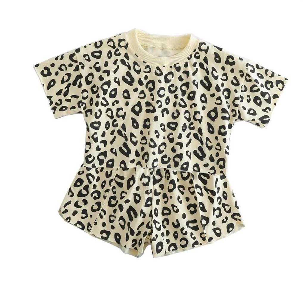 Fashion baby girl set casual summer clothing mother and child leopard print set cotton short sleeved T-shirt childrens setXJ250410
