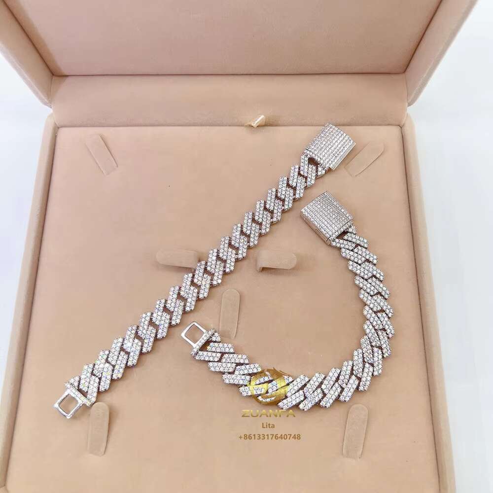Fine Jewelry Sparkle 15mm Two Rows Diamond Iced Charm Cuban Link Chain 925 Silver Vvs Moissanite Bracelet