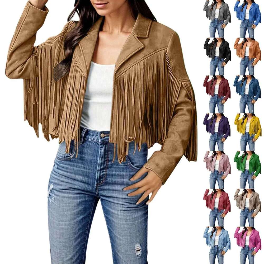 Women Faux Suede Leather Tassel Jackets - Vintage Lapel Open Front Cowboy Style Long Sleeve Tassels Cardigan Coat Tops 2024