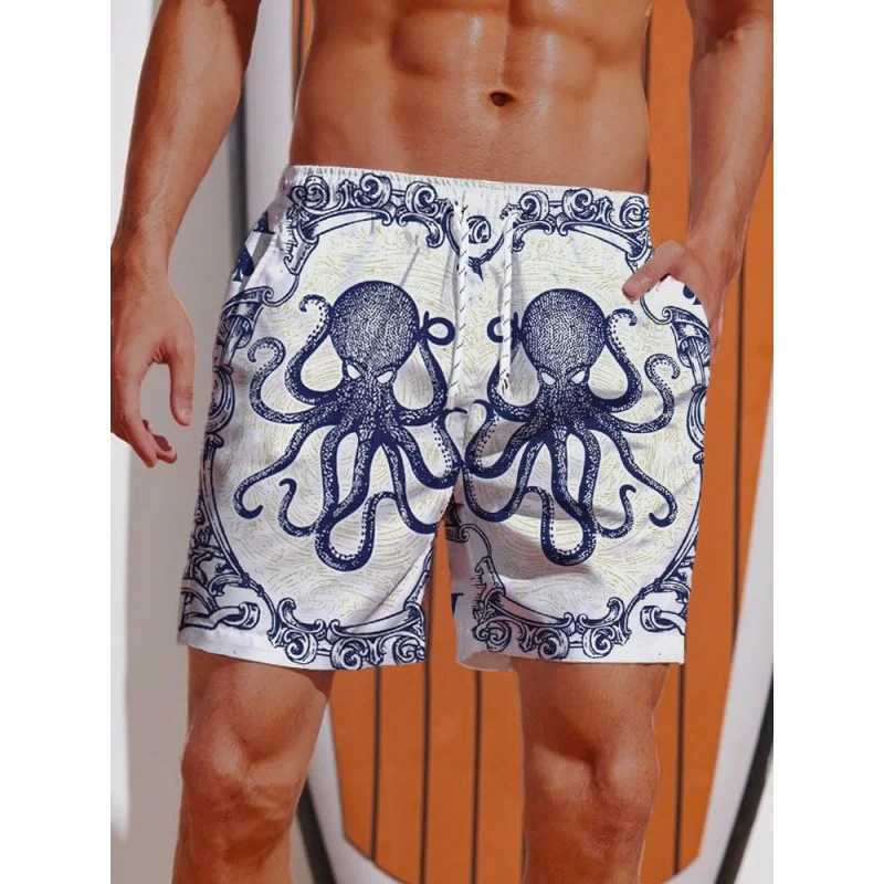 Retro geometric swimming rod mens shark tree 3D printed beach shorts summer casual quick drying sports loose surfing shortsW250410