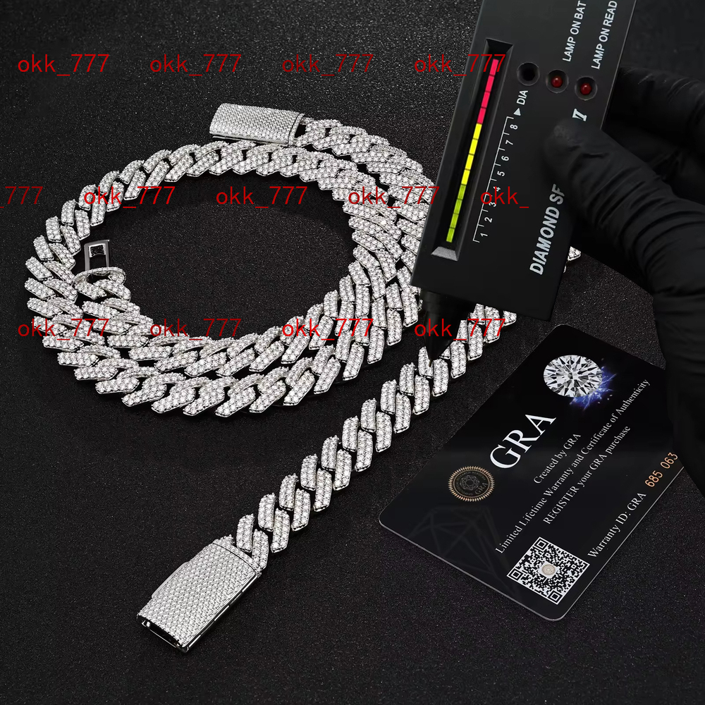 Iced Out Hip Hop 14mm Wide 2 Rows Cuban Link Chain Vvs Mossanite 925 Sterling Silver Cuban Link Chain