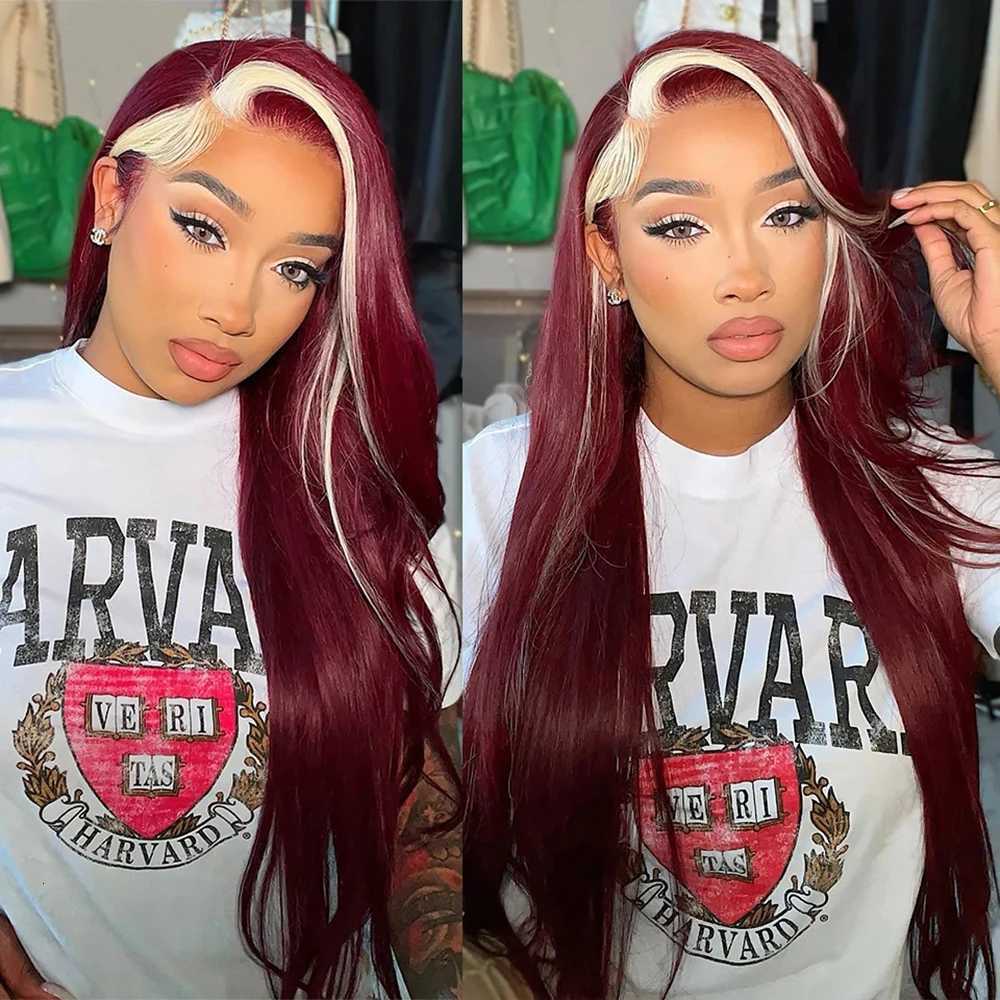 13x4 Red Lace Front Wig Red and Blonde Streak Long Straight Smooth Silky for Women Wig Cap Synthetic Fiber Glueless Hair WigsT251111