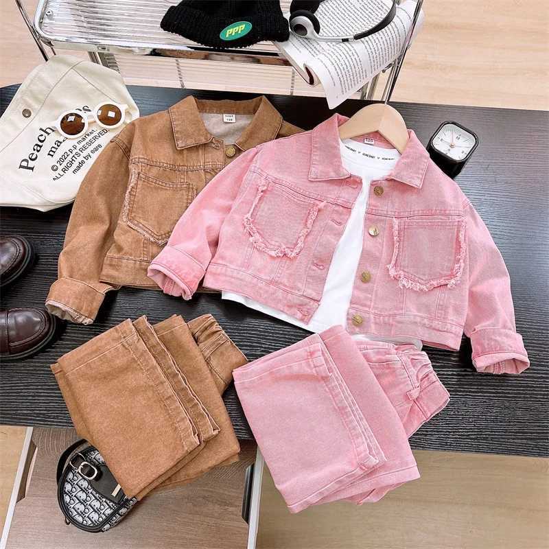 Childrens clothing set denim jacket and wide leg pants 2-piece set childrens clothing girl clothing set childrens boutique clothingXJ250410