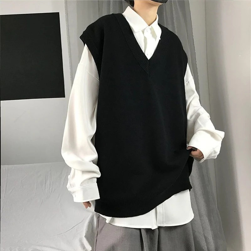 Mens Autumn Solid Color Loose V Neck Knitted Sweater Vest Korean Style Trendy Sleeveless Cardigan Outerwear 251104