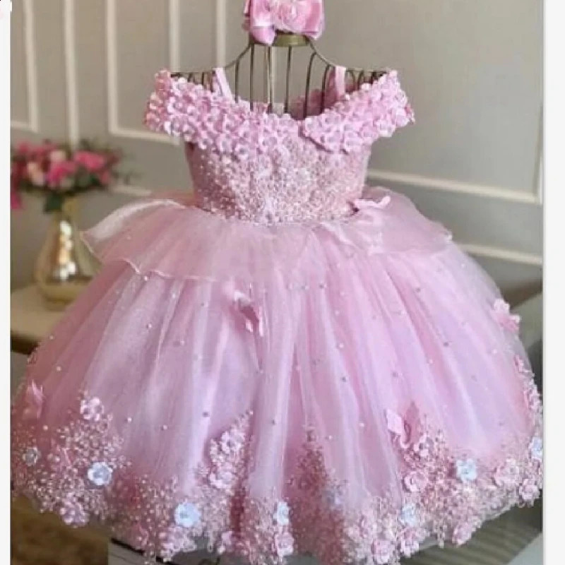 Customized Blue Baby Girl Dress Tulle Flower Pearl Butterfly Girl Dress Off Shoulder For Wedding Birthday Holy Communion Gowns 250410