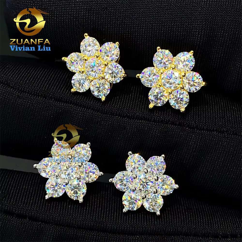 High Quality 18k Gold Plated 925 Sterling Silver Fashion Jewelry Luxury Shiny Vvs Moissanite Diamond Flower Jewelry Stud Earring