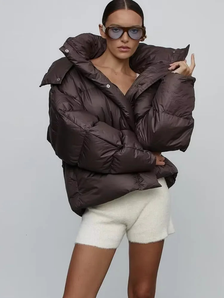 Casual Hooded Cotton Coat Women Brown Stand Collar Zipper Pocket Short Loose Jacket Winter Lady Warm Daily Commuter Outwear 251106