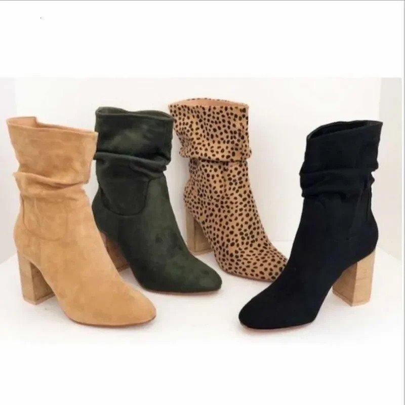 High Heel Ankle Boots Women Fashion Suede Boots Thick Heel Ladies Shoes Slip on Short Boots for Woman Shoes Drop Ship Plus Size 251110